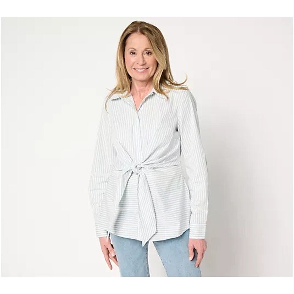 Martha Stewart Signature Woven Tie Front Collared Blouse Womens Size 2X Preppy - Picture 1 of 9